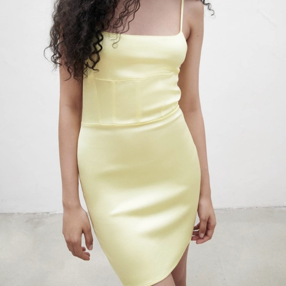 NWT Zara Yellow Satin Bodycon Slip Mini Dress Size Medium